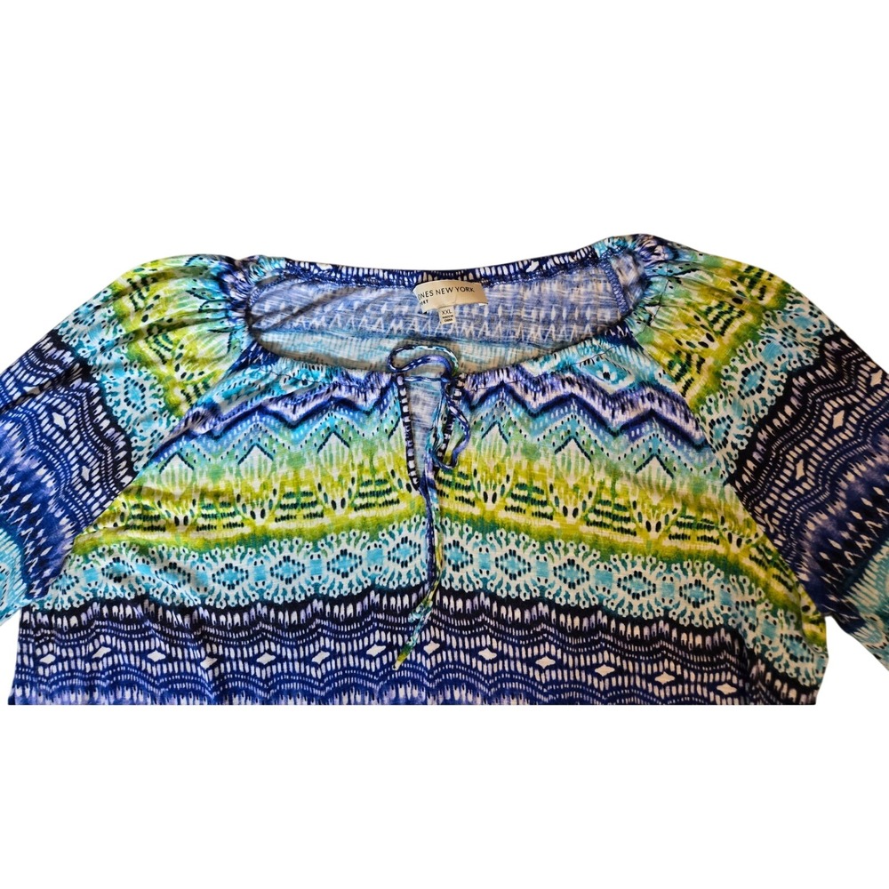 Jones New York Sport Women XXL Blue Green Ikat Geometric 3/4 Sleeve Peasant Top - Picture 2 of 8